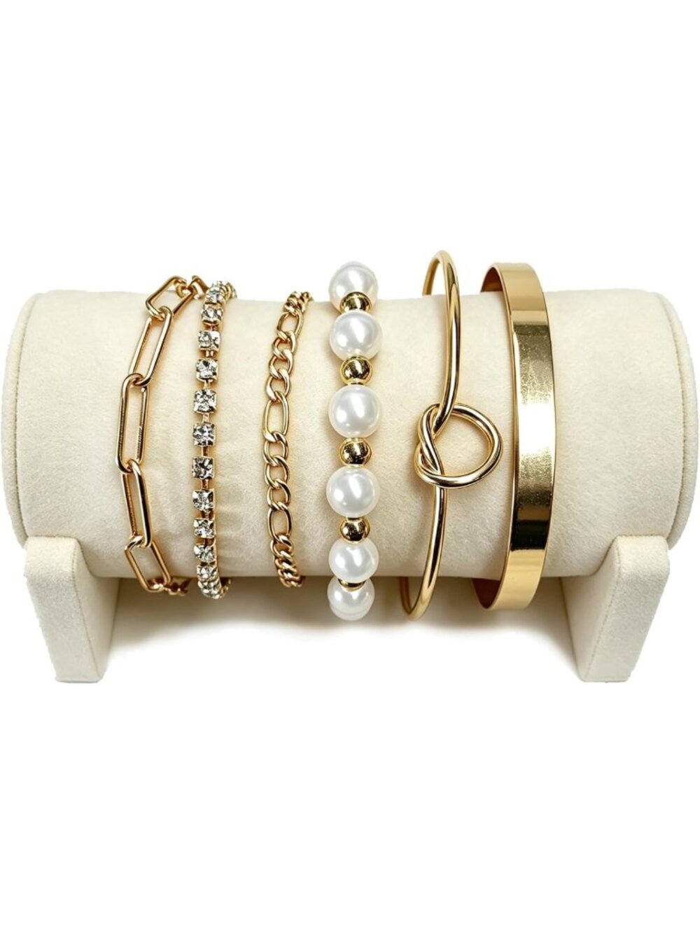 Gold Tone 6-Piece Layered Bracelet Set - Knot, Beaded, Chain Link & Cuff Styles
